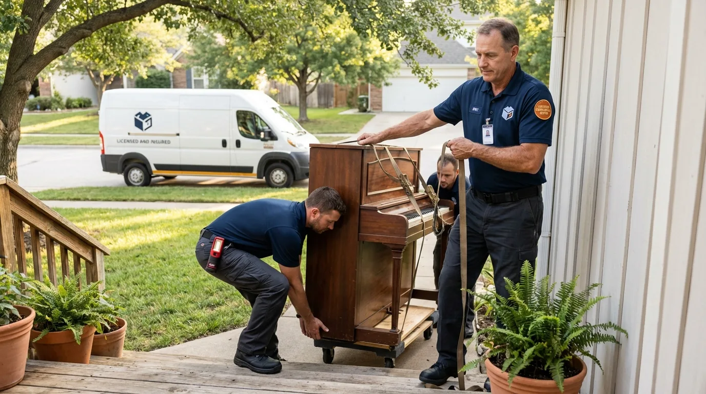 Licensed piano movers securing grand piano in Lavalette, WV
