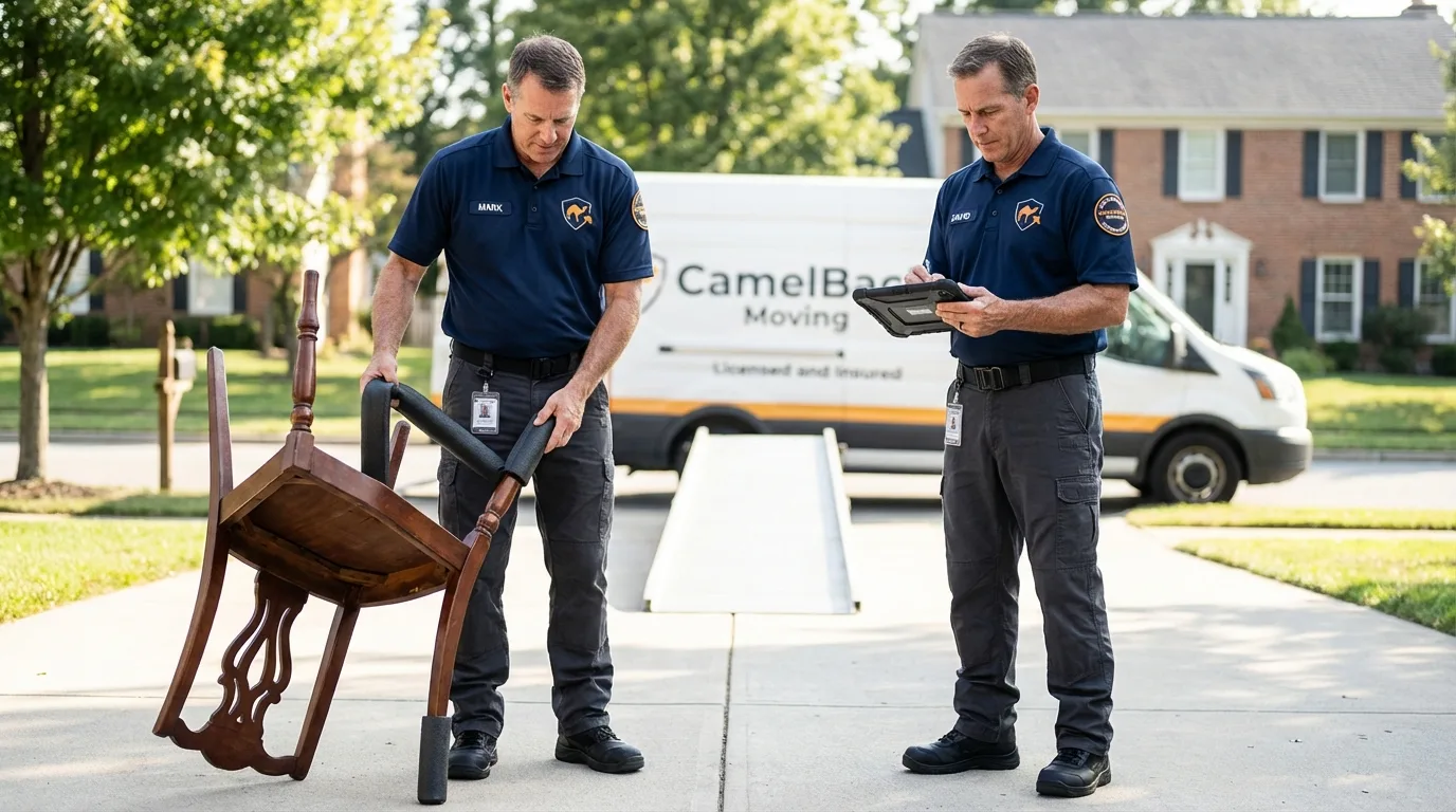 Movers inspecting furniture for damage prevention before loading in Lavalette, WV