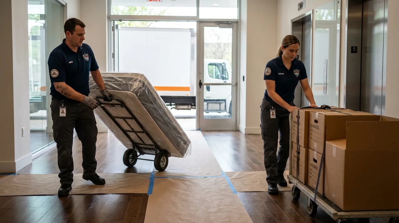 Professional apartment movers loading elevator in Lavalette, WV