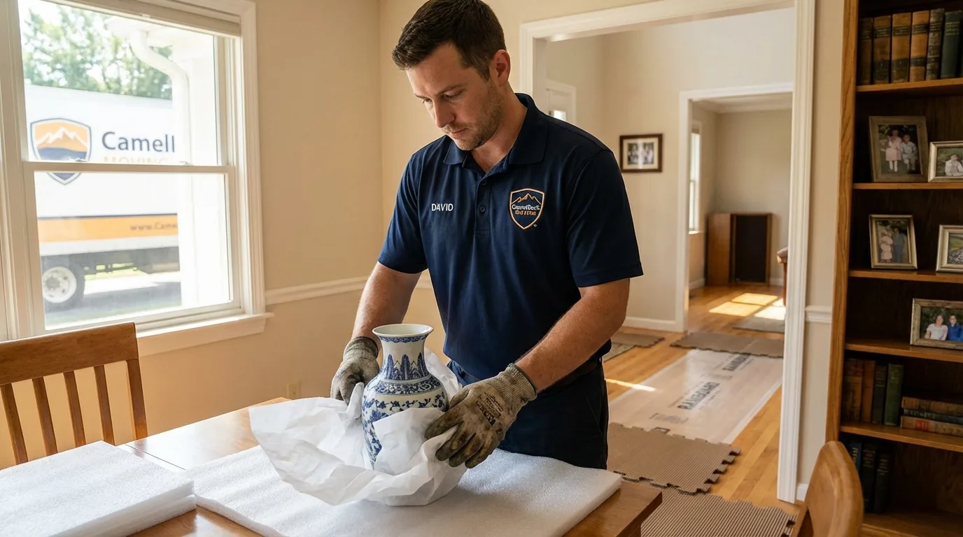 Professional crew carefully wrapping antique vase for senior downsizing move in Lavalette, WV
