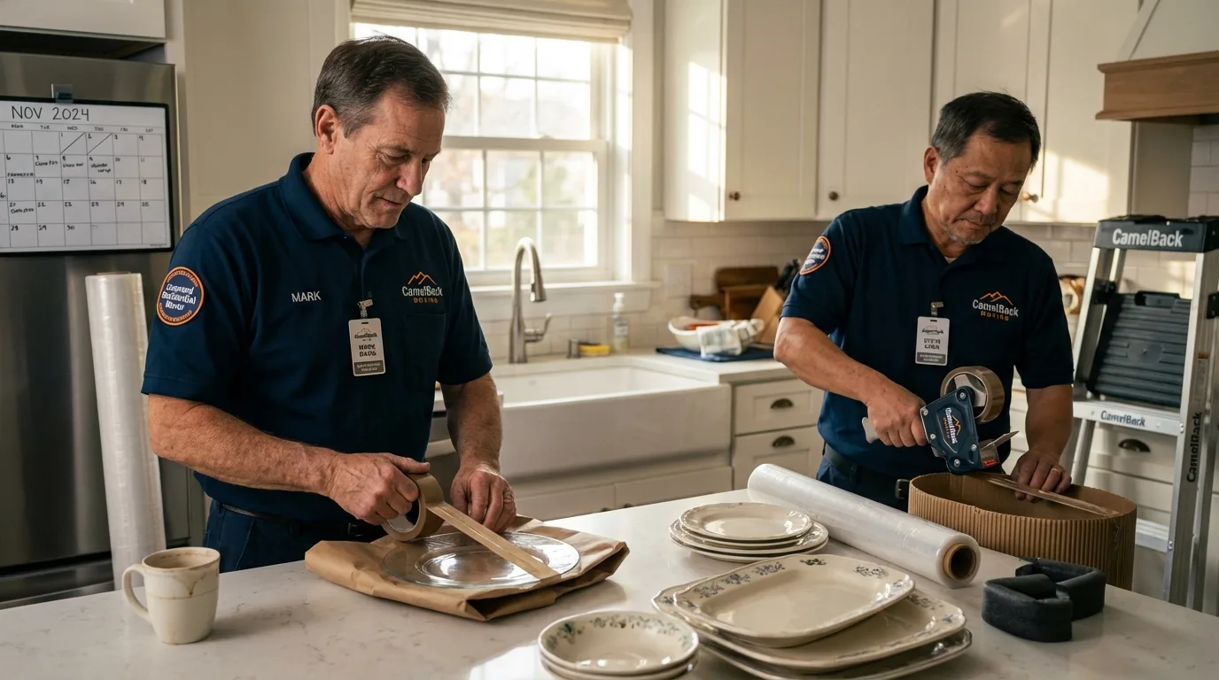 Professional crew packing kitchen dishware in Lavalette, WV